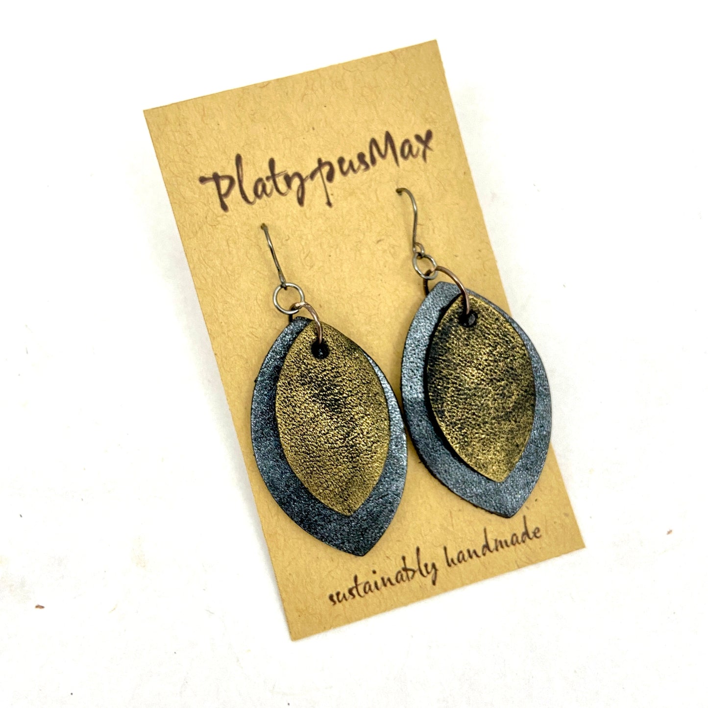 Rustic Modern Pointed Oval Drop Earrings in Dark Silver / Antique Gold / Cobalt Blue-3