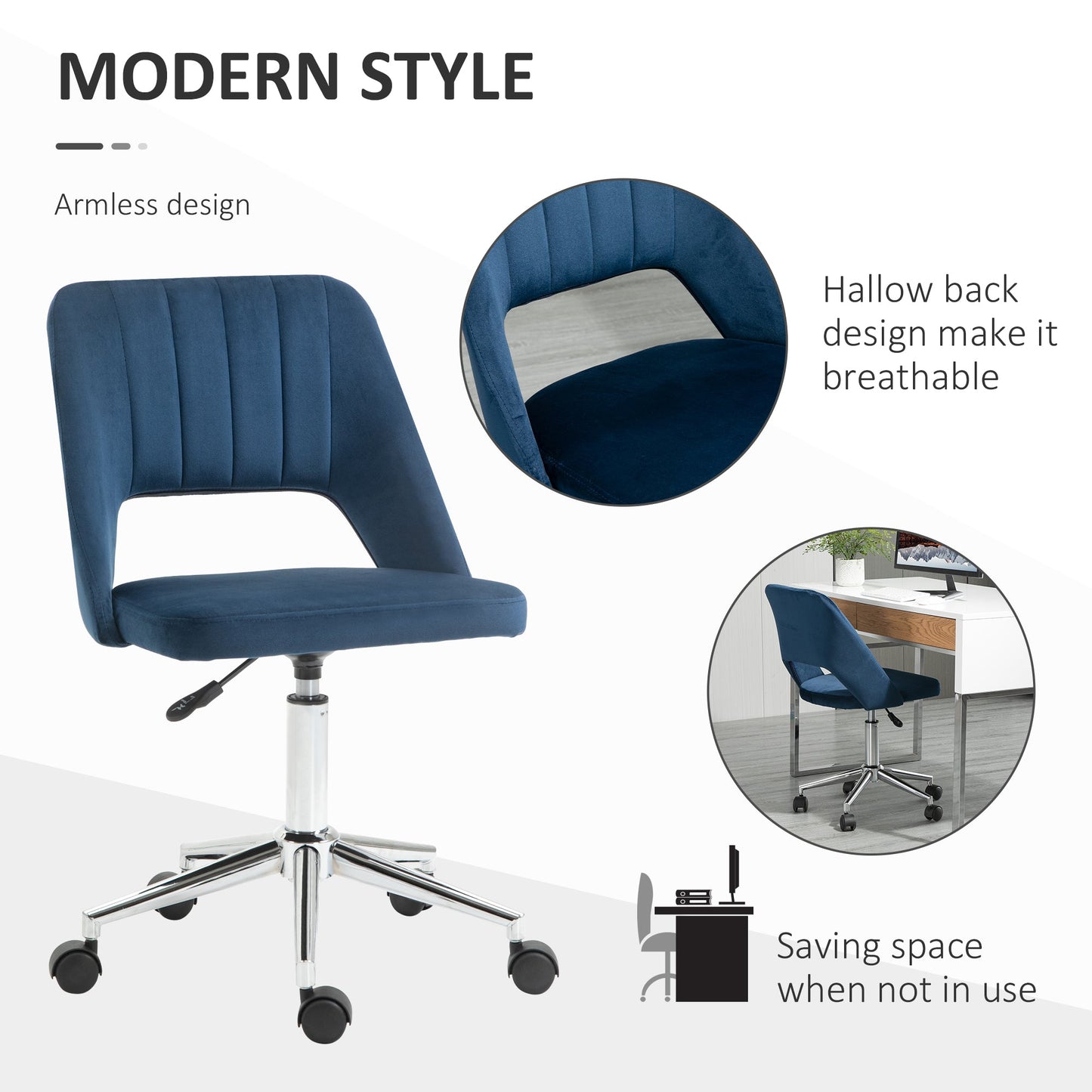 Armless Velvet-Feel Office Chair - Dark Blue-4