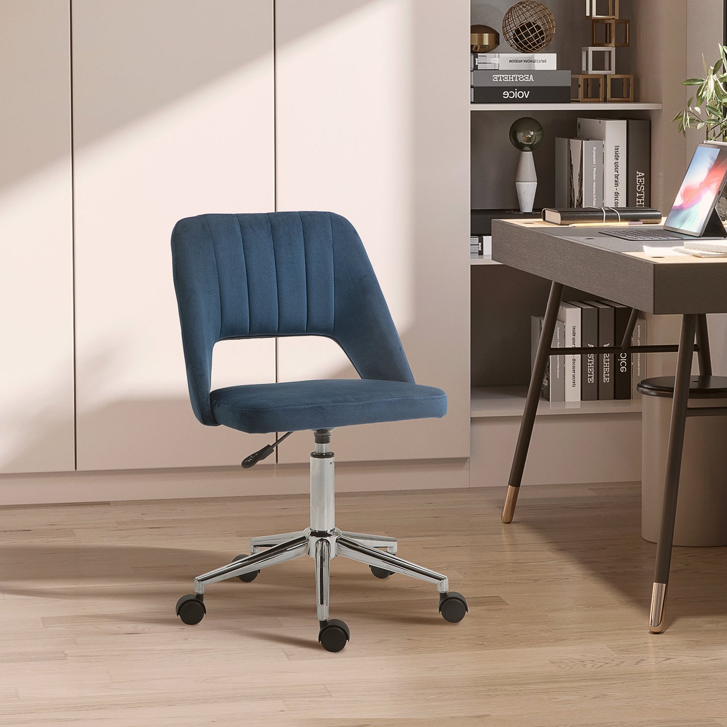 Armless Velvet-Feel Office Chair - Dark Blue-1