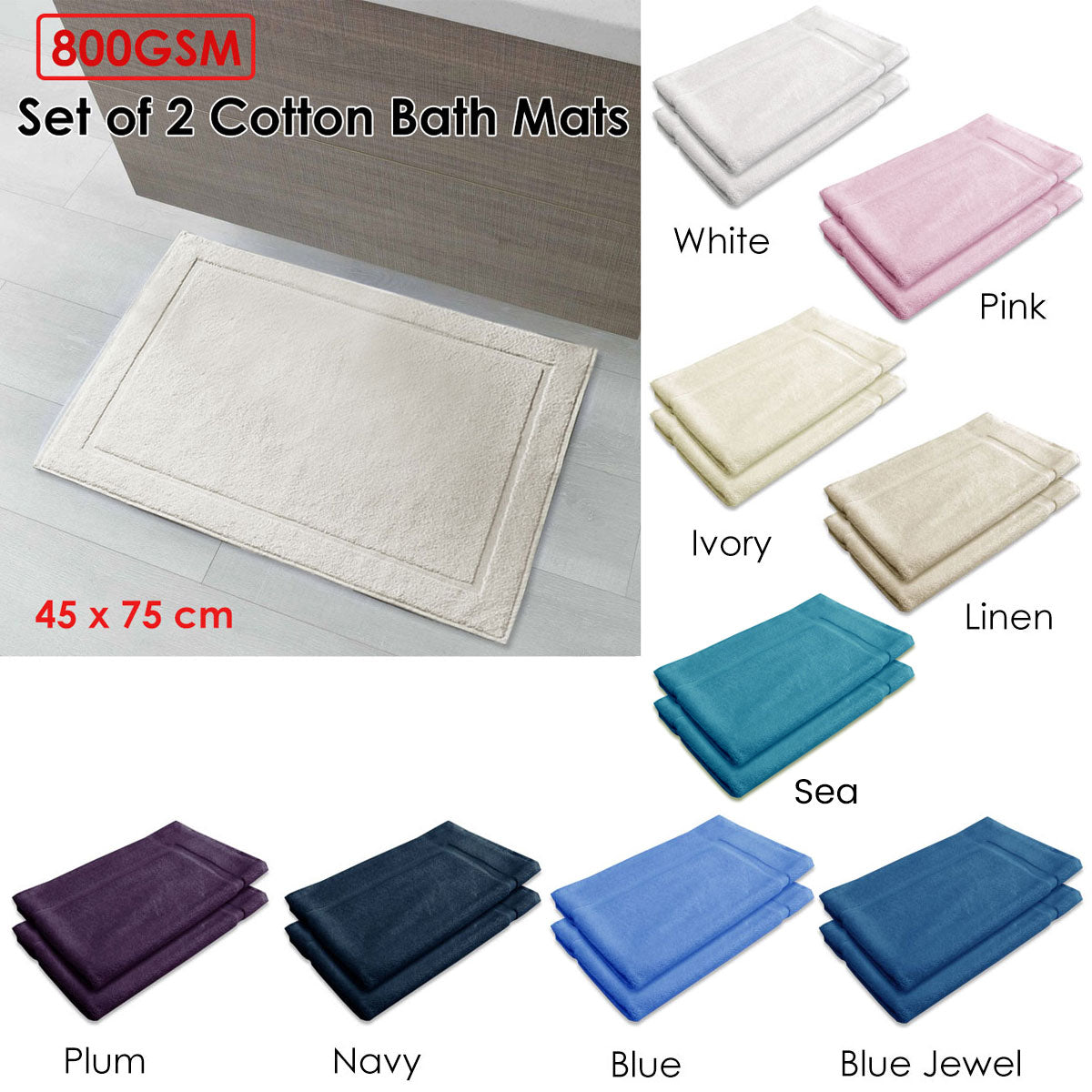 NNEDSZ 800GSM Set of 2 Cotton Bath Mat Blue-1