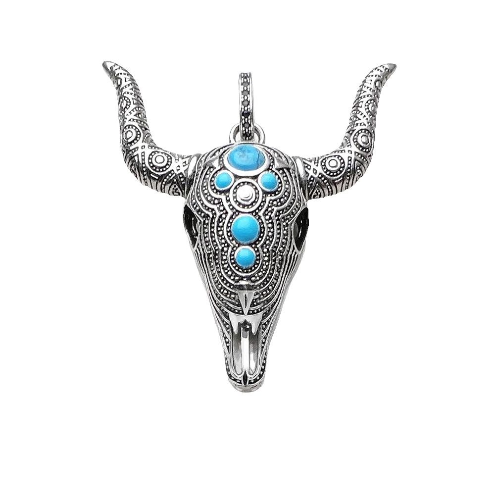 Blue Bull Skull Sterling Silver Punk Turquoise Pendant Necklace