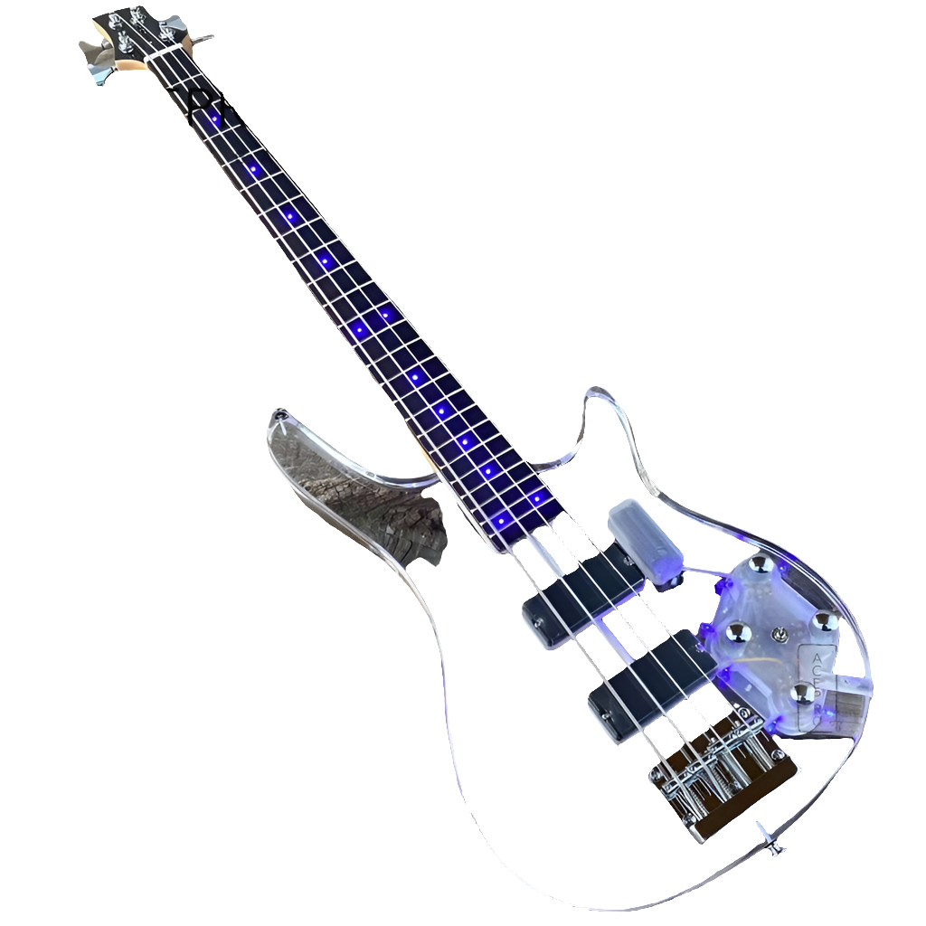 In Stock 4 String Blue LED Lights Electric Bass Guitar, Clear Acrylic Crystal Body, Maple Neck, Rosewood Fingerboard