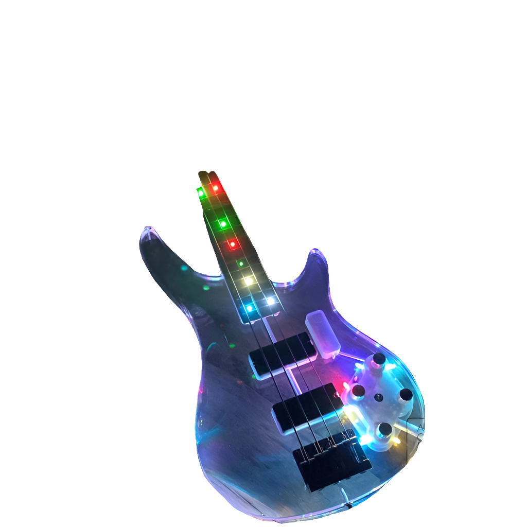 In Stock 4 String Blue LED Lights Electric Bass Guitar, Clear Acrylic Crystal Body, Maple Neck, Rosewood Fingerboard