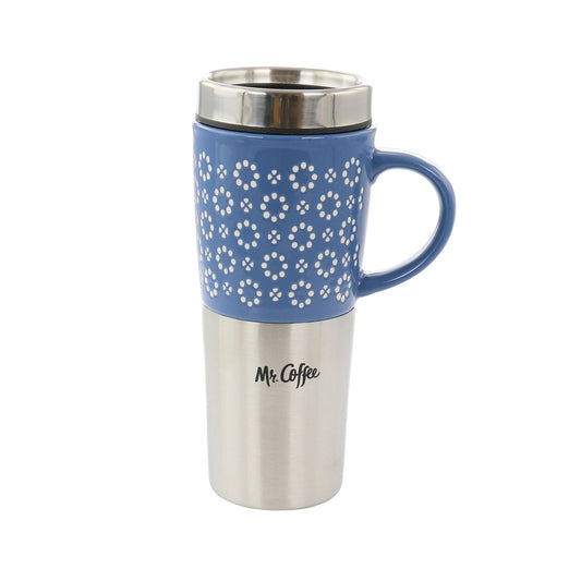 Mr. Coffee Travertine 16 Ounce Stoneware and Stainless Steel Travel Mug With Lid in Blue-0