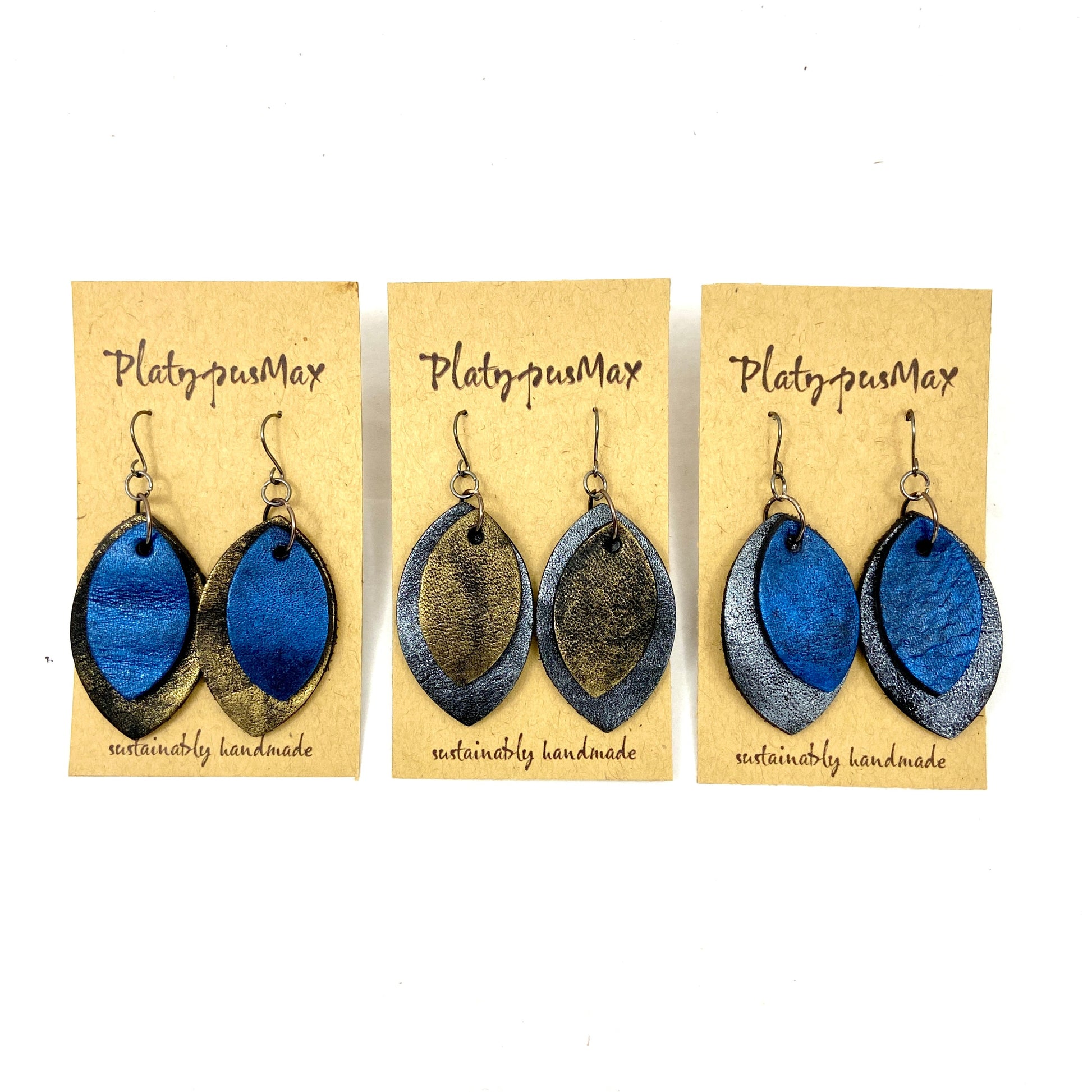 Rustic Modern Pointed Oval Drop Earrings in Dark Silver / Antique Gold / Cobalt Blue-0