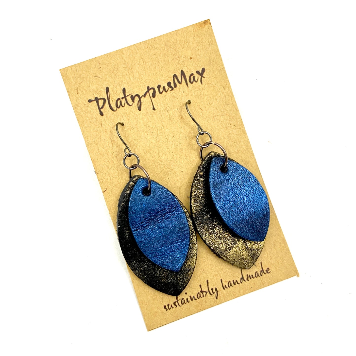 Rustic Modern Pointed Oval Drop Earrings in Dark Silver / Antique Gold / Cobalt Blue-1
