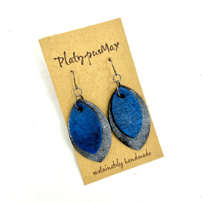 Rustic Modern Pointed Oval Drop Earrings in Dark Silver / Antique Gold / Cobalt Blue-2