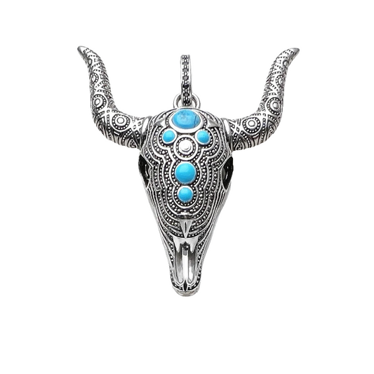 Blue Bull Skull Sterling Silver Punk Turquoise Pendant Necklace