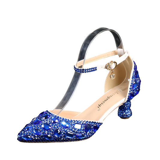 Large Size High Heels Summer New Women Party Dance Sandals Blue Pointed Toe Rhinestones Fashion Wedding Banquet Shoes D0002