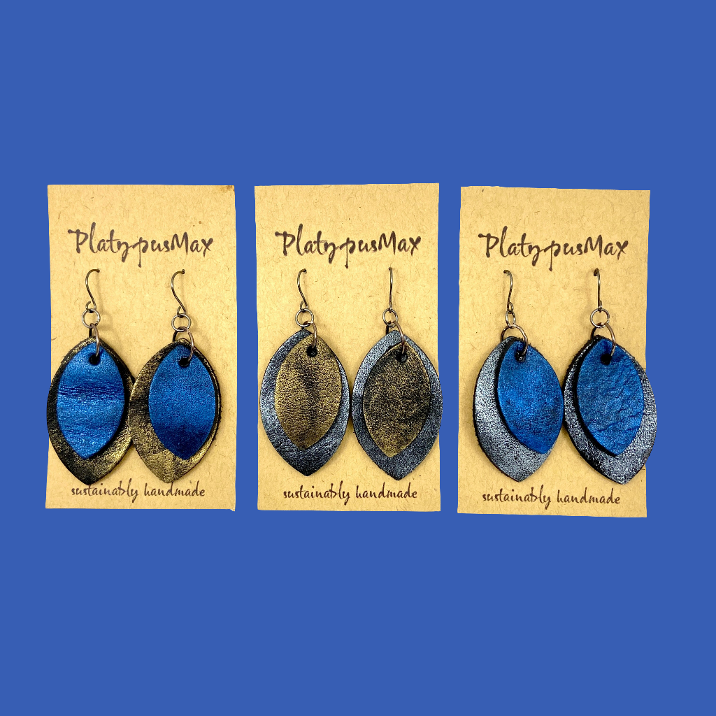 Rustic Modern Pointed Oval Drop Earrings in Dark Silver / Antique Gold / Cobalt Blue