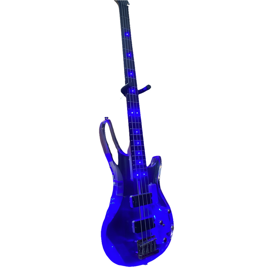In Stock 4 String Blue LED Lights Electric Bass Guitar, Clear Acrylic Crystal Body, Maple Neck, Rosewood Fingerboard