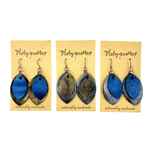 Rustic Modern Pointed Oval Drop Earrings in Dark Silver / Antique Gold / Cobalt Blue